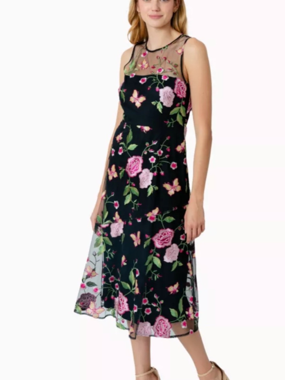 NWT 🌹 SAM EDELMAN Floral Embroidered Black Midi Dress with Pink Roses size 0